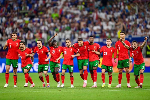 Portugal celebrate penalties v Slovenia Last 16 Frankfurt EURO 2024