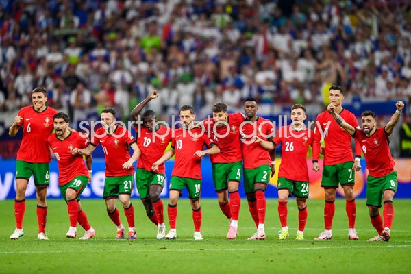 Portugal celebrate penalties v Slovenia Last 16 Frankfurt EURO 2024