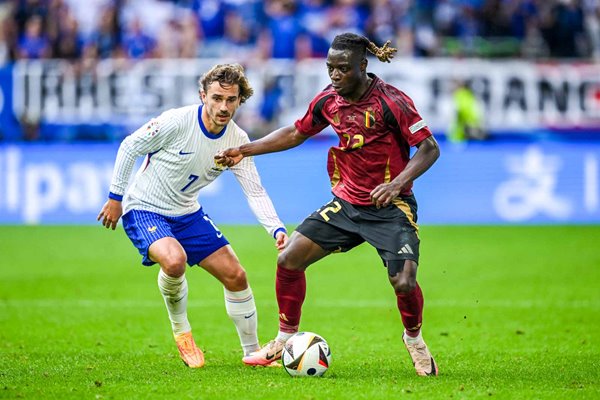 Jeremy Doku Belgium v Antoine Griezmann France Last 16 Dusseldorf EURO 2024