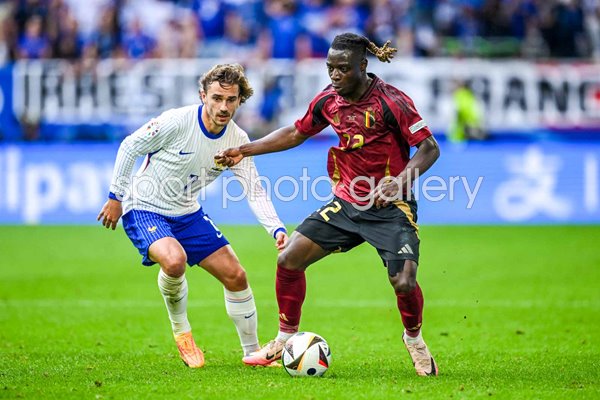 Jeremy Doku Belgium v Antoine Griezmann France Last 16 Dusseldorf EURO 2024