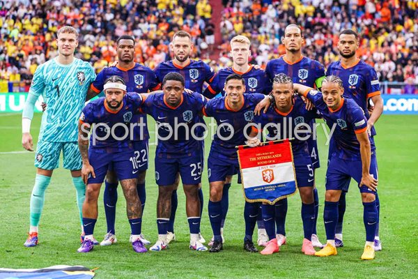 Netherlands players line up v Romania Last 16 Munich EURO 2024