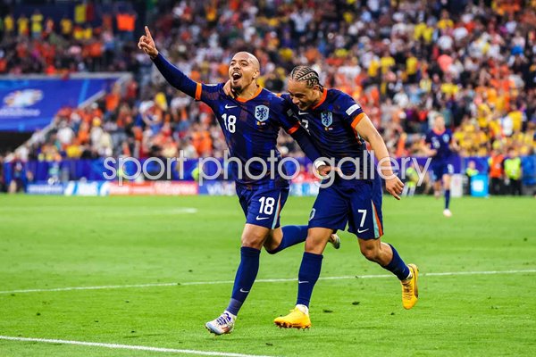 Donyell Malen & Xavi Simons Netherlands celebrate v Romania Last 16 Munich EURO 2024