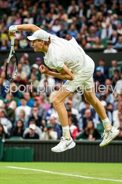 Jannik Sinner Italy serves v Matteo Berrettini Wimbledon 2024