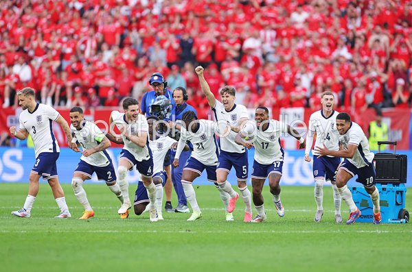 England players celebrate penalty shoot-out win v Switzerland Quarter-Final EURO 2024
