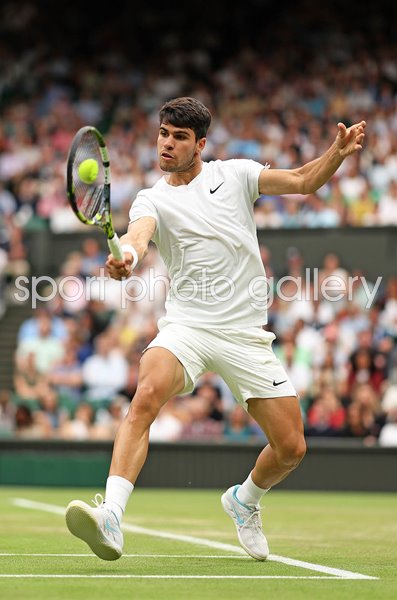Carlos Alcaraz Spain backhand focus v Frances Tiafoe USA Wimbledon 2024