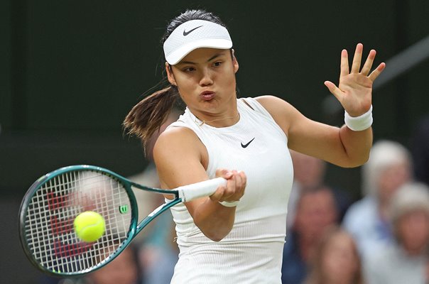 Emma Raducanu Great Britain forehand focus v Maria Sakkari Greece Wimbledon 2024