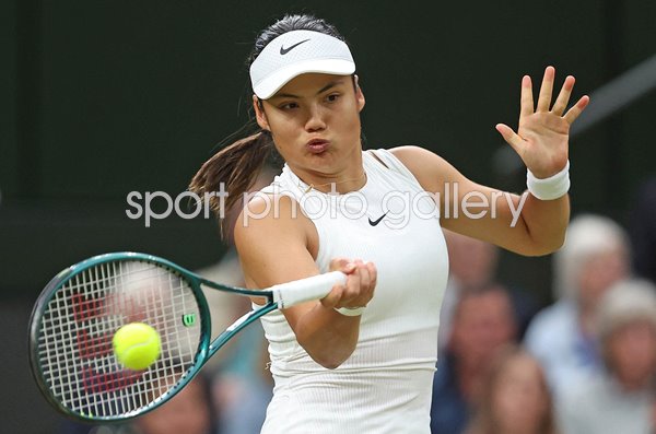 Emma Raducanu Great Britain forehand focus v Maria Sakkari Greece Wimbledon 2024