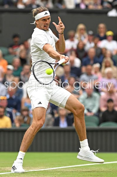 Alexander Zverev Germany baseline forehand v Cameron Norrie Wimbledon 2024