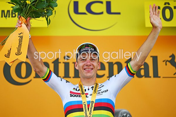 Remco Evenepoel Belgium celebrates Time Trial win Stage 7 Tour de France 2024  