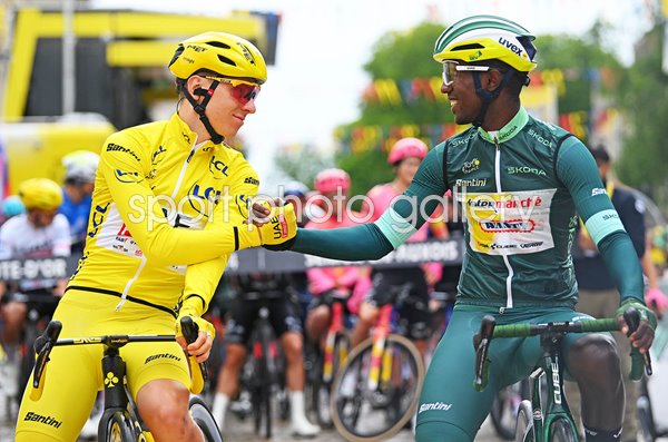 Tadej Pogacar Yellow Jersey & Biniam Girmay Eritrea Green Jersey Stage 8 Tour de France 2024 