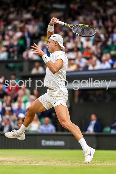 Holger Rune Denmark power forehand v Novak Djokovic Wimbledon 2024
