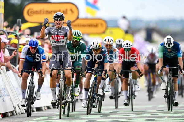 Jasper Philipsen Belgium celebrates winning Stage 10 sprint Tour de France 2024