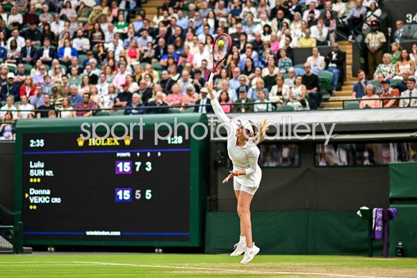 Donna Vekic Croatia serves to Lulu Sun New Zealand Quarter Final Wimbledon 2024