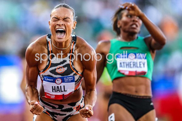 Anna Hall celebrates winning women's heptathlon 800m USA Olympic Trials Oregon 2024