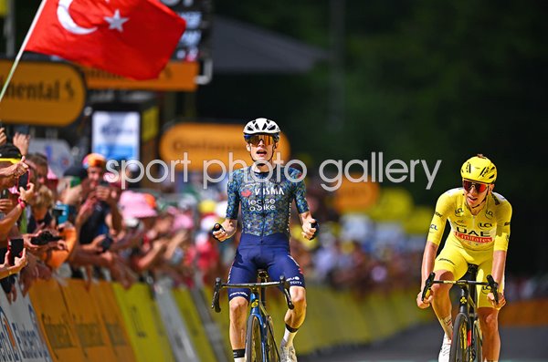 Jonas Vingegaard Denmark celebrates win v Tadej Pogacar Stage 11 Tour de France 2024