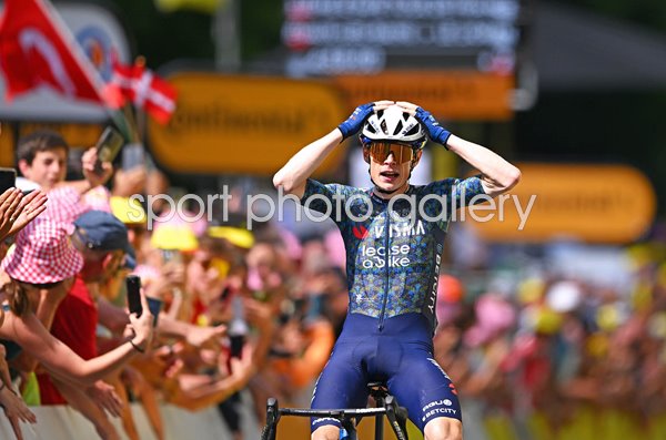 Jonas Vingegaard Denmark celebrates winning Stage 11 Tour de France 2024