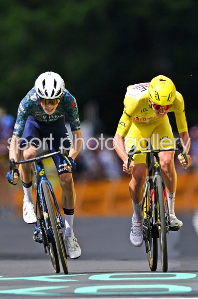 Jonas Vingegaard Denmark & Tadej Pogacar Slovenia sprint finish Stage 11 Tour de France 2024 