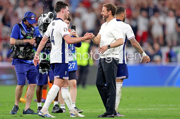 Declan Rice & Gareth Southgate England celebrate win v Netherlands Semi-Final EURO 2024