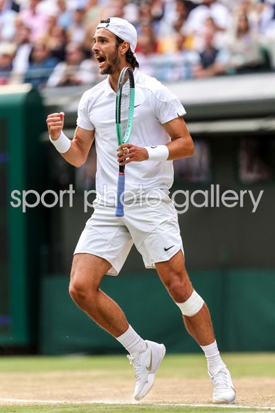 Lorenzo Musetti Italy celebrates v Taylor Fritz USA Wimbledon 2024