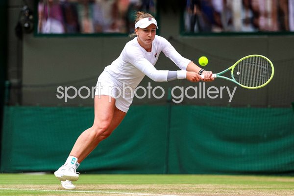Barbora Krejcikova Czechia backhand v Jelena Ostapenko Quarter Final Wimbledon 2024