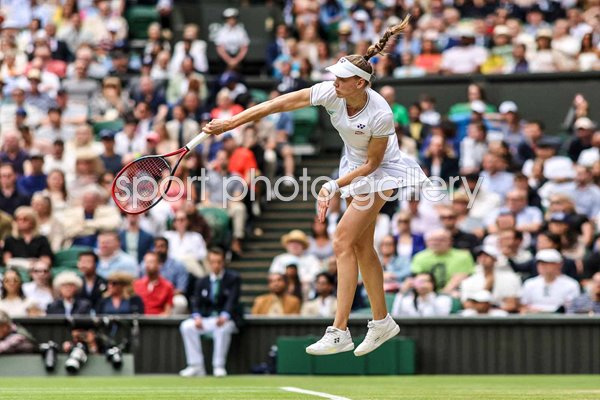 Elena Rybakina Kazakhstan serves to Elina Svitolina Quarter Final Wimbledon 2024