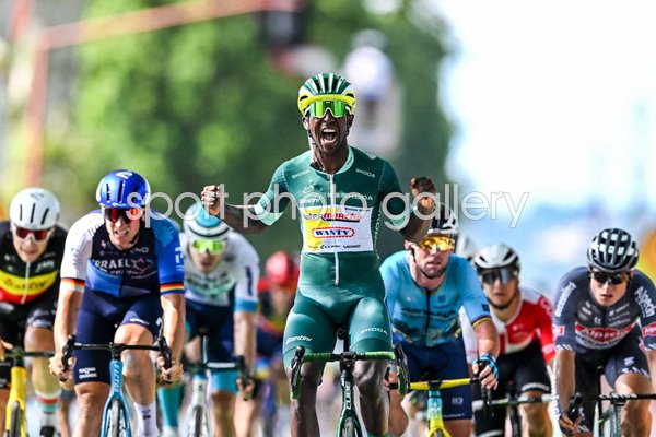 Biniam Girmay Eritrea & Team Intermarche celebrates win Stage 12 Tour de France 2024