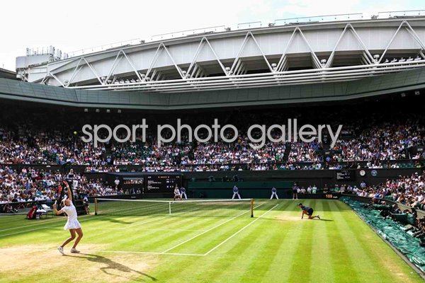 Elena Rybakina Kazakhstan serves v Barbora Krejcikova Semi Final Wimbledon 2024