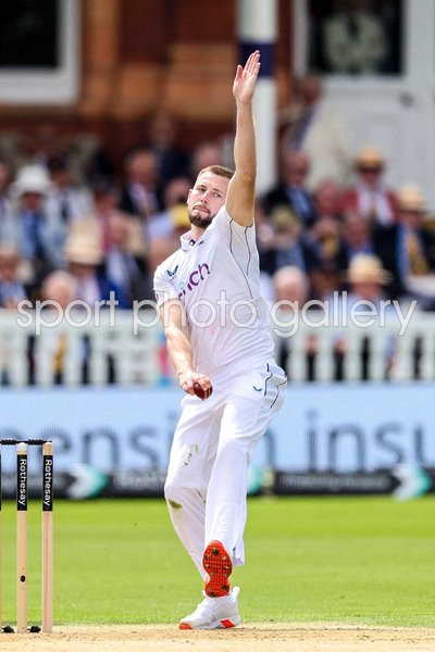 Gus Atkinson England bowls v West Indies during 12 wicket debut Lord's 2024