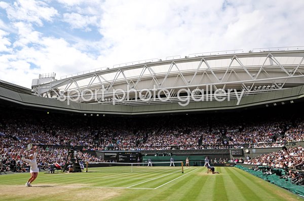 Barbora Krejcikova serves to Jasmine Paolini Italy Wimbledon Final 2024
