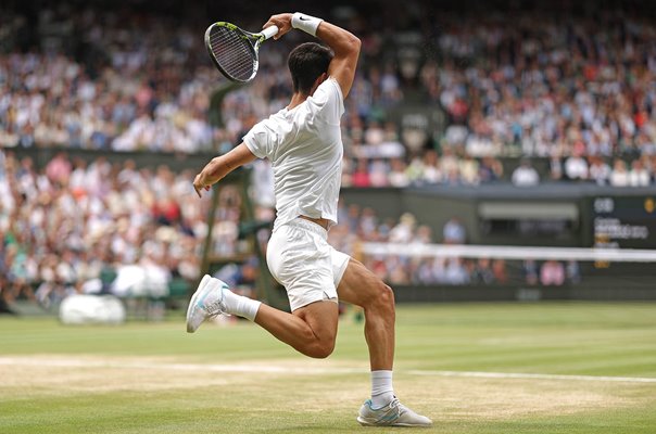 Carlos Alcaraz Spain forehand v Novak Djokovic Wimbledon Final 2024