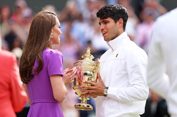 Catherine Princess of Wales presents trophy to Carlos Alcaraz Wimbledon 2024