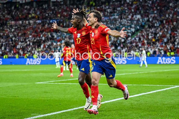 Mikel Oyarzabal & Nico Williams Spain celebrate winner v England Final Berlin EURO 2024