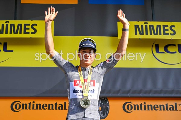 Jasper Philipsen Belgium celebrates Stage 16 win Tour de France 2024