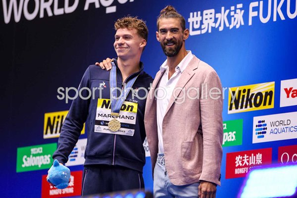 Leon Marchand France & swimming legend Michael Phelps USA World Swimming Fukuoka 2023