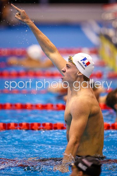 Leon Marchand France celebrates 400m Individual Medley Gold World Swimming Fukuoka 2023  