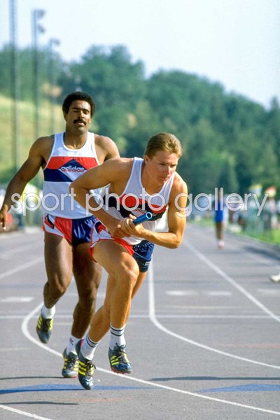 Daley Thompson passes baton to Roger Black Mount Sac Relay California 1987
