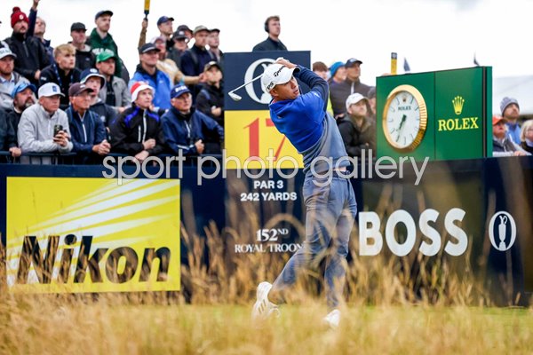 Collin Morikawa USA tee shot 17th hole British Open Troon 2024