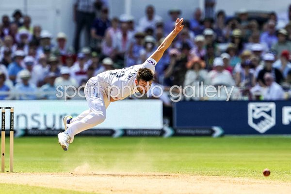 Mark Wood England bowls 97.1mph delivery v West Indies Trent Bridge Test 2024