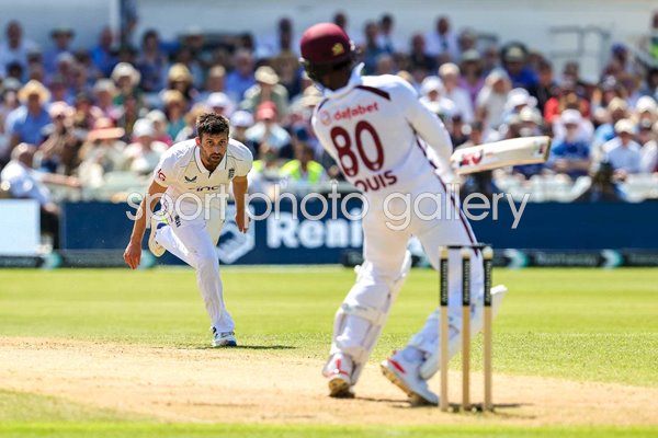 Mark Wood England bowls bouncer to Mikyle Louis West Indies Trent Bridge Test 2024