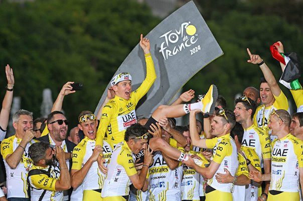 Overall champion Tadej Pogacar Slovenia & UAE team celebrate Nice Tour de France 2024