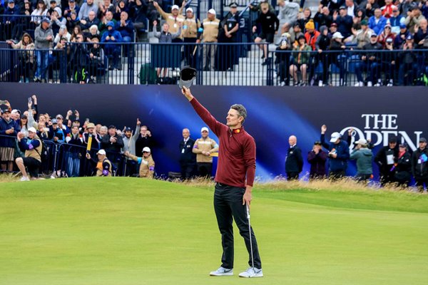 Justin Rose England celebrates birdie putt 18th green Round 4 British Open Royal Troon 2024