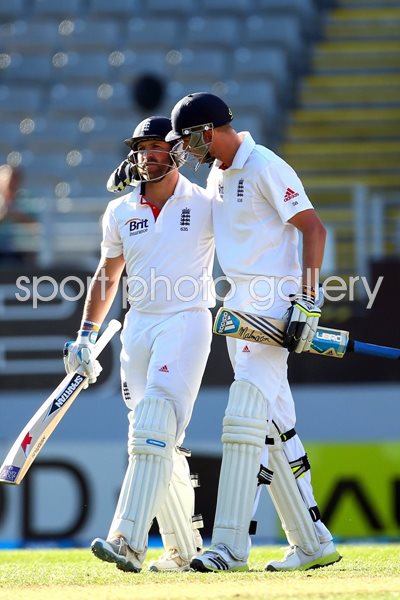 Stuart Broad congratulates Matt Prior on century Auckland 2013
