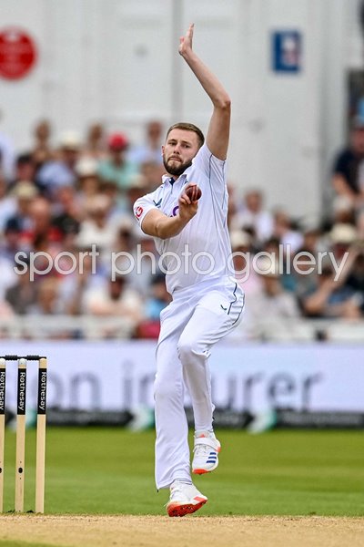 Gus Atkinson England bowls v West Indies Trent Bridge Test 2024