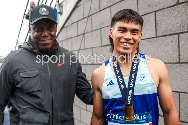 Louie Hinchliffe & coach Carl Lewis USA UK Athletics Manchester 2024