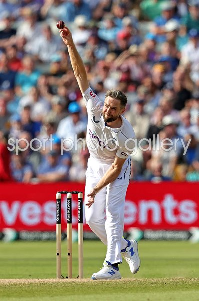 Chris Woakes England bowls v West Indies Edgbaston Test 2024