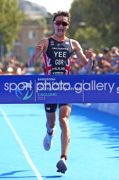Alex Yee Great Britain celebrates winning World Triathlon Series Cagliari 2024