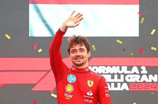 Charles Leclerc Ferrari celebrates Italian Grand Prix win Monza Italy 2024