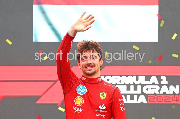 Charles Leclerc Ferrari celebrates Italian Grand Prix win Monza Italy 2024