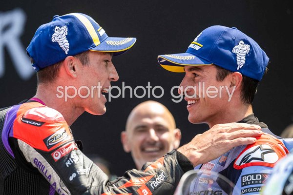 Aleix Espargaro Spain celebrates with Marc Marquez Spain Moto GP of Catalunya 2024