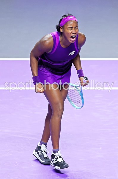 Coco Gauff USA celebrates v Qinwen Zheng China WTA Finals Riyadh 2024